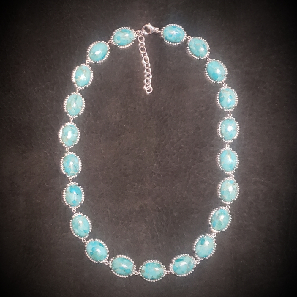 Oval Cabochon Composite Turquoise Sterling Silver Necklace.